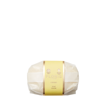 Floris London Cefiro - Luxury Soap: an oval bar in white paper with a yellow and gold label, crafted with a gentle vegetable base.