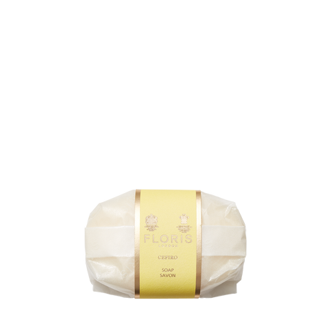 Floris London Cefiro - Luxury Soap: an oval bar in white paper with a yellow and gold label, crafted with a gentle vegetable base.