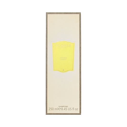 Cream-colored Floris London Cefiro Shampoo box with yellow label, featuring the signature Cefiro scent and Pro-Vitamin B5; 250ml size displayed below.