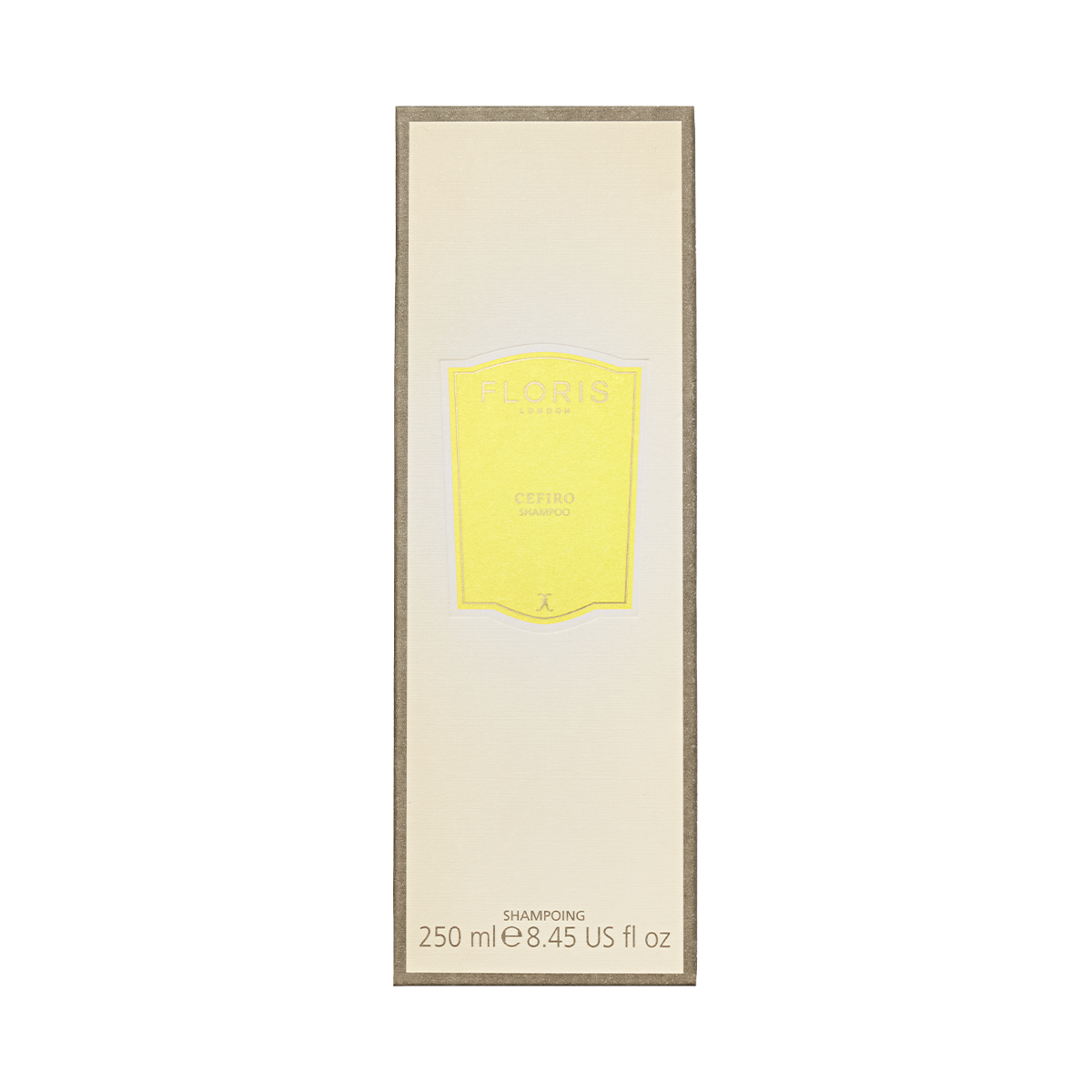 Floris London Cefiro Shampoo, enriched with Pro-Vitamin B5, comes in a beige box with a yellow label and 250ml (8.45 US fl oz) size at the bottom.