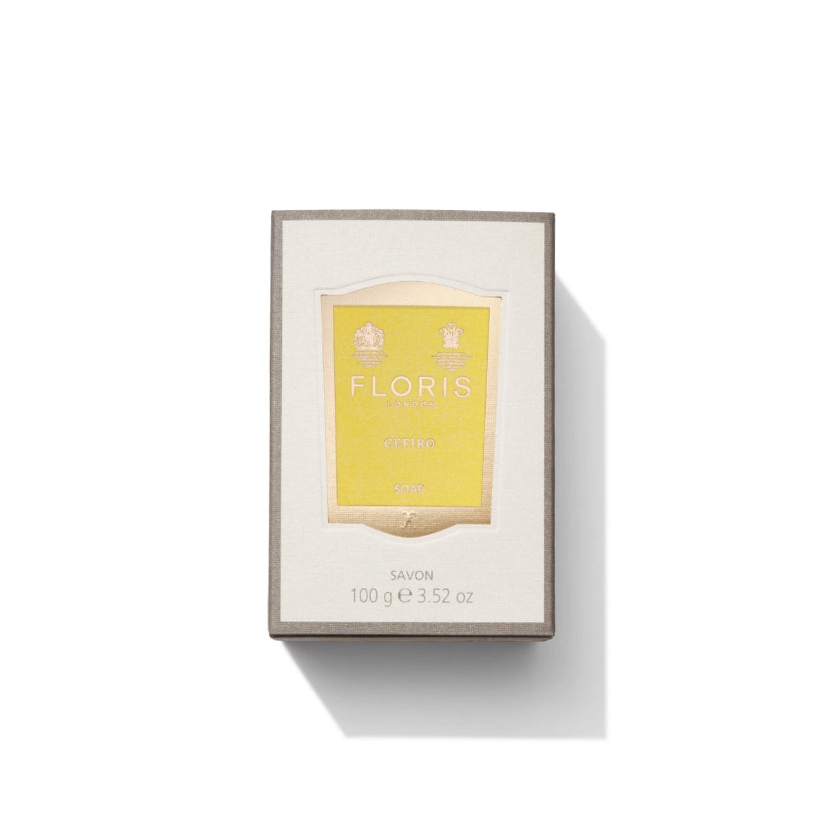 Cefiro - Luxury Soap by Floris London, 100g (3.52 oz), comes in a sophisticated white box adorned with a yellow label and elegant embossed details. This luxurious soap is infused with a refreshing citrus scent and enriched with shea butter, providing a lavish bathing experience.