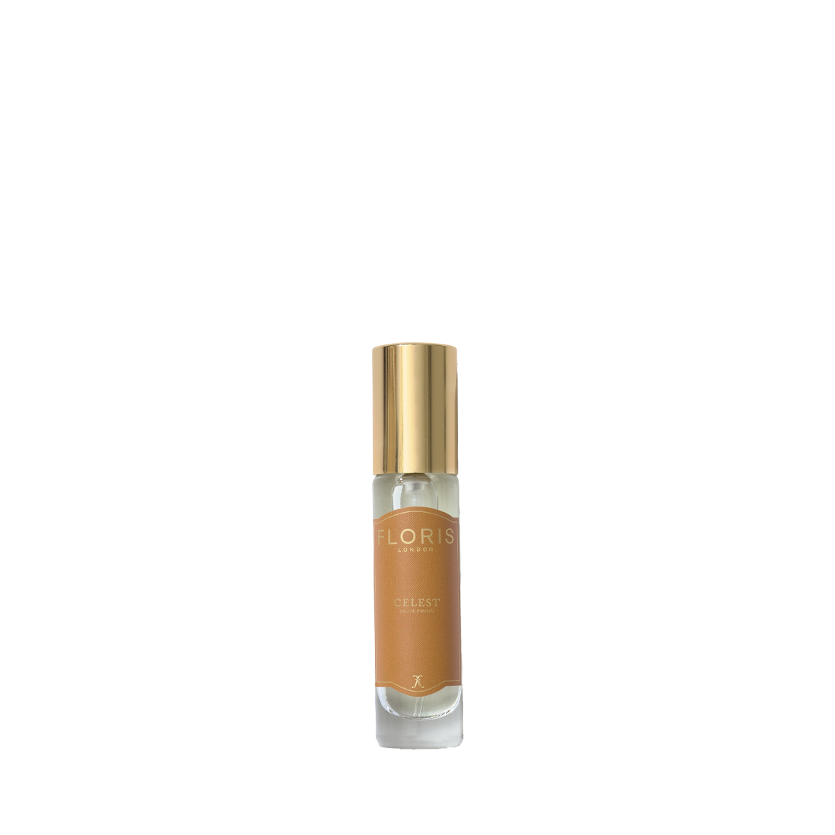 A small Celest - Eau de Parfum bottle by Floris London US, with a gold cap and beige label, sits on a white background.
