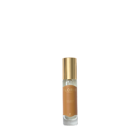 A small Celest - Eau de Parfum bottle by Floris London US, with a gold cap and beige label, sits on a white background.