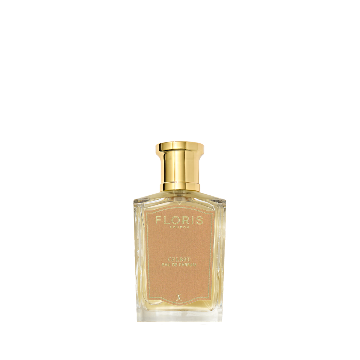 A clear glass bottle of Floris London US Celest - Eau de Parfum with a gold cap and label, displayed on a white background.