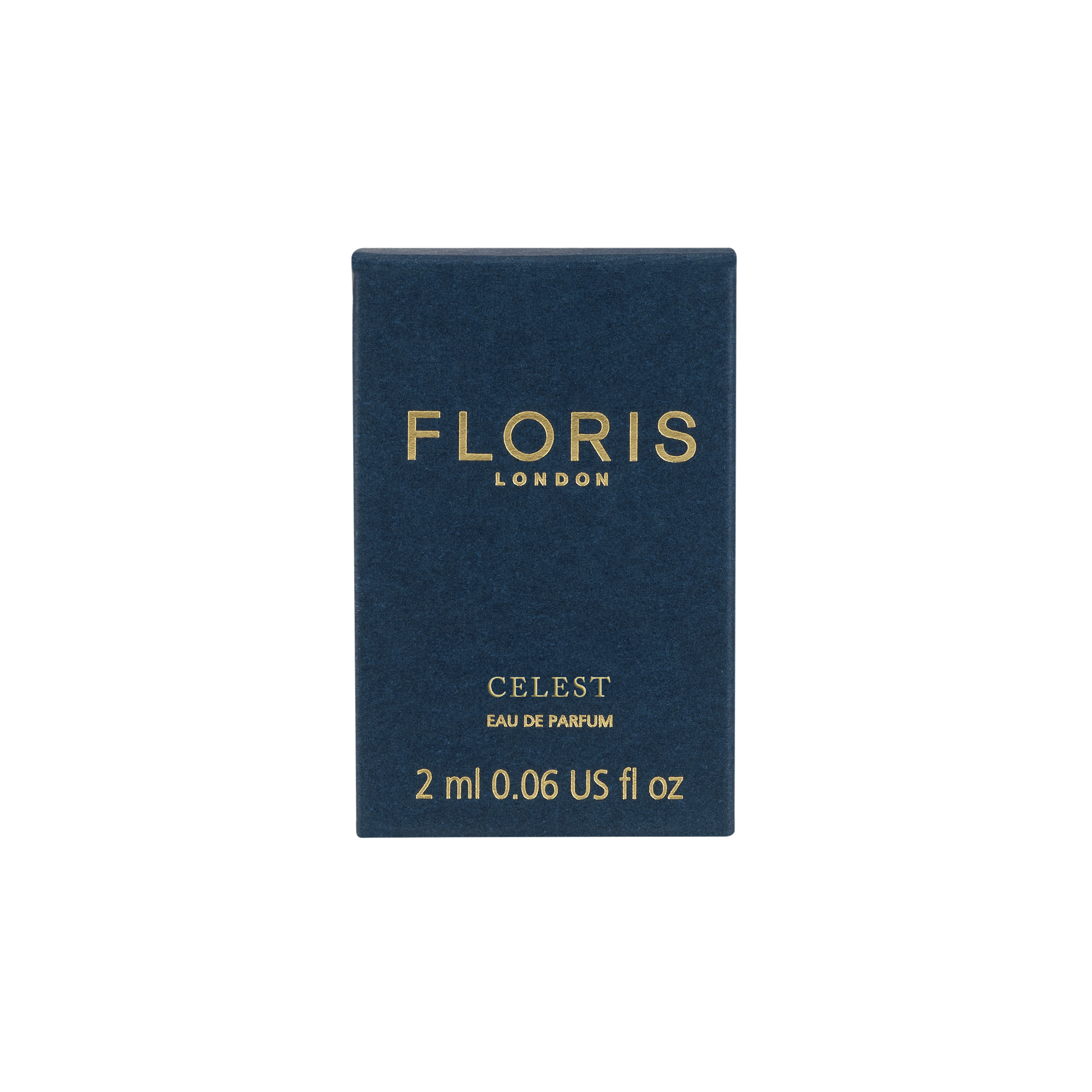 Dark blue Floris London US Celest - Eau de Parfum box, 2 ml (0.06 US fl oz), with gold text on the front.