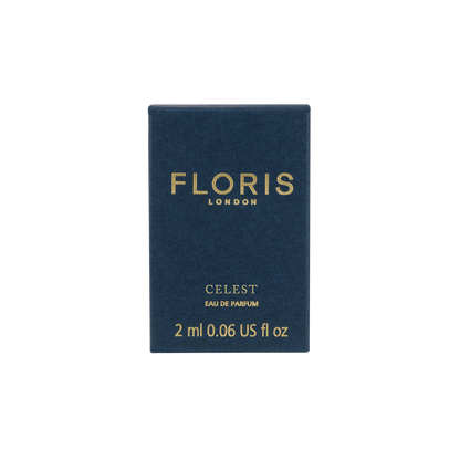Dark blue Floris London US Celest - Eau de Parfum box, 2 ml (0.06 US fl oz), with gold text on the front.