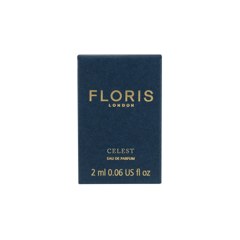 Dark blue Floris London US Celest - Eau de Parfum box, 2 ml (0.06 US fl oz), with gold text on the front.