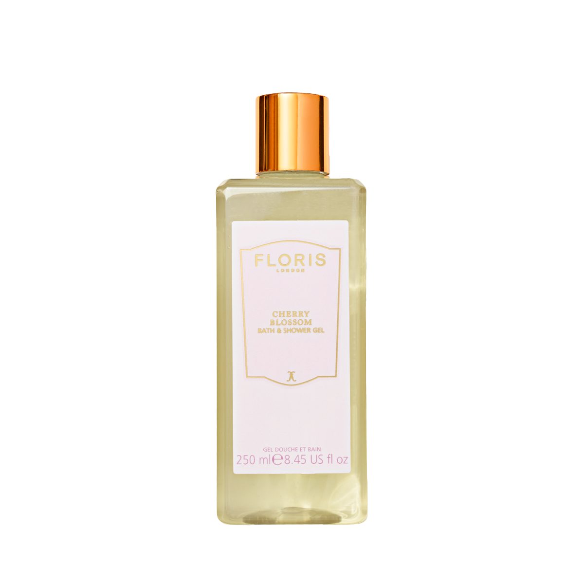 A clear bottle of Floris London UK Cherry Blossom Bath & Shower Gel with a gold cap and white label.