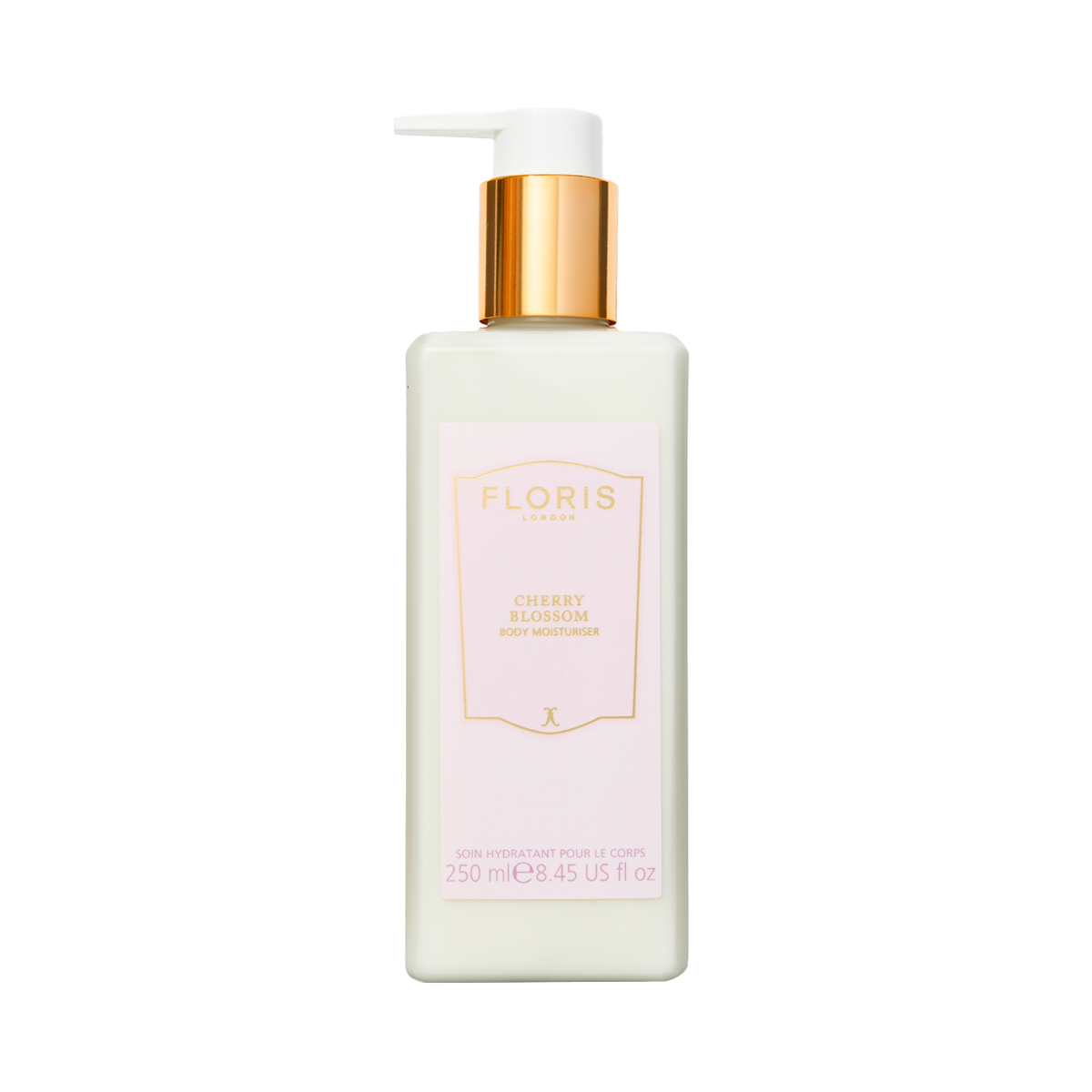 A white bottle of Floris London UK Cherry Blossom - Enriched Body Moisturiser with a gold pump and pink label.