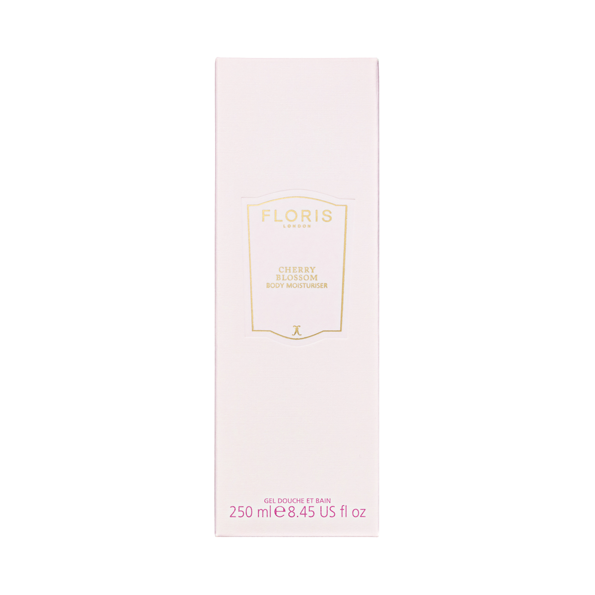 A pale pink 250ml Floris London UK Cherry Blossom - Enriched Body Moisturiser box with gold and red text.