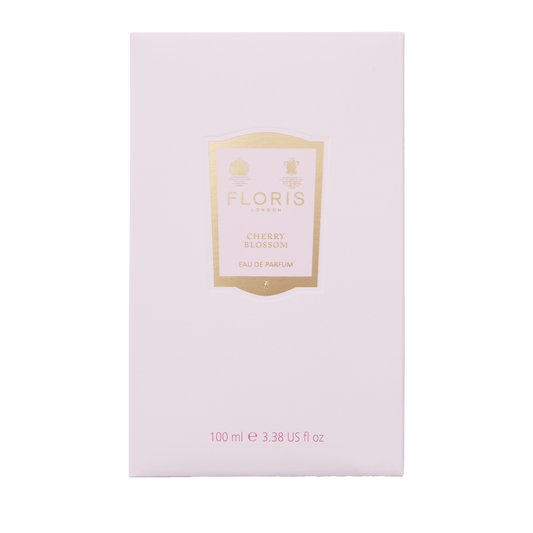 Light pink Cherry Blossom - Eau de Parfum box, 100 ml, by Floris London, with gold and red text—a perfect cherry blossom scent for gifting.