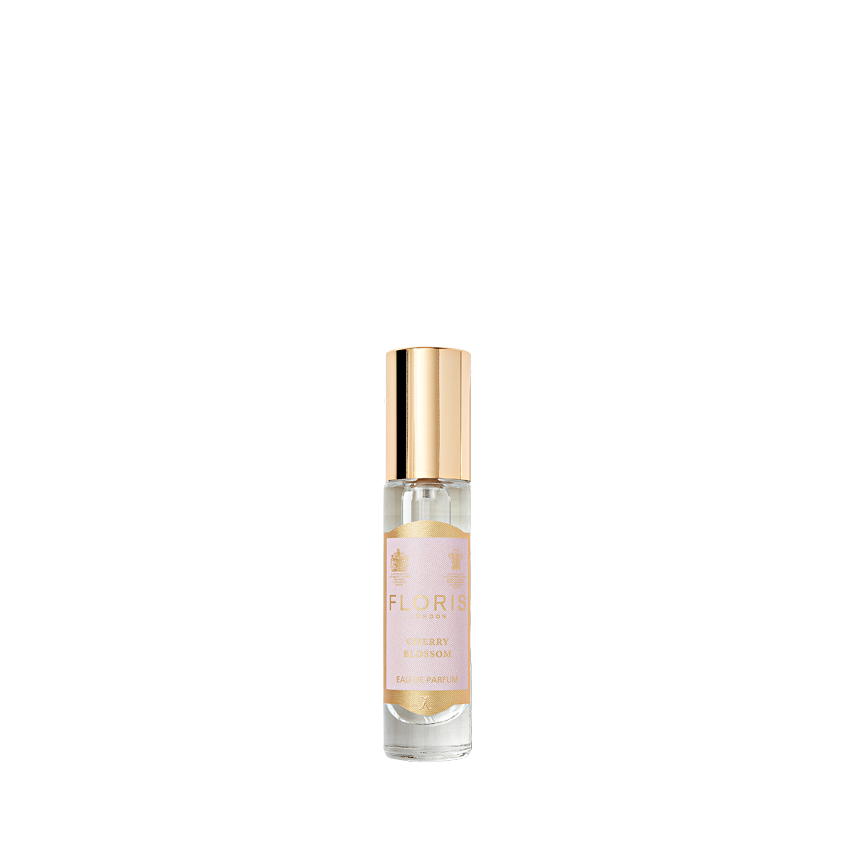 A small Floris London Cherry Blossom - Eau de Parfum bottle with a gold cap and light pink label, set against a white background.