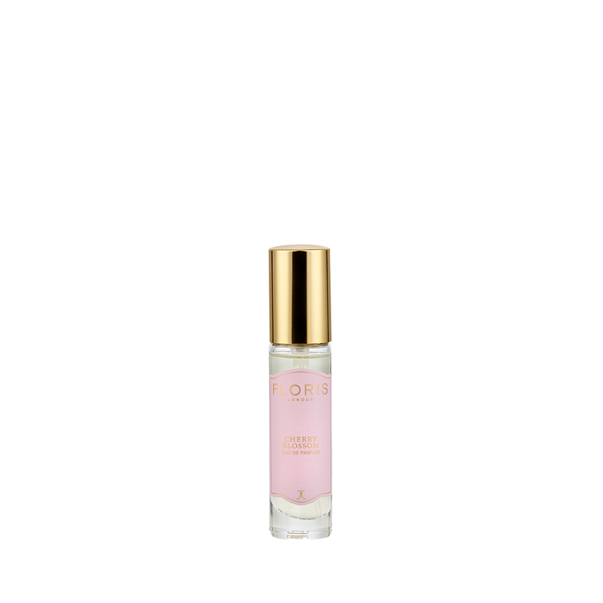 A small glass perfume bottle with a gold cap, labeled "Floris London Cherry Blossom - Eau de Parfum," featuring a floral-fruity Hanami-inspired scent.