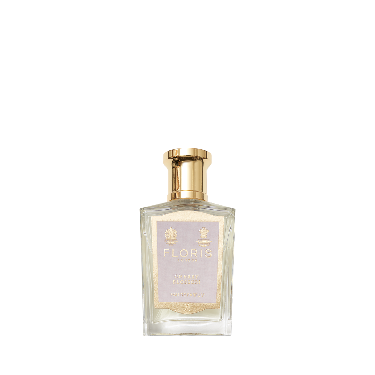 A clear glass bottle of Floris London Cherry Blossom - Eau de Parfum with a gold cap and pale gold label, exuding an elegant cherry blossom scent.