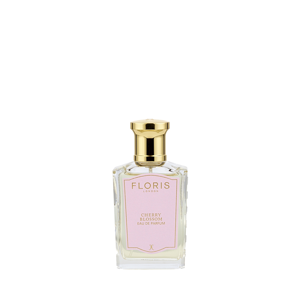 A clear glass bottle of Floris London Cherry Blossom - Eau de Parfum, with a gold cap and pink label, captures the elegance of sakura.