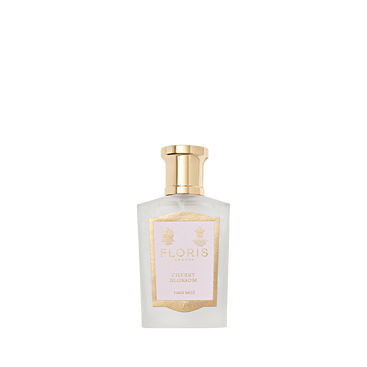 Floris London Cherry Blossom Hair Mist 50ml in a clear bottle with gold cap and label, shown on a white background.