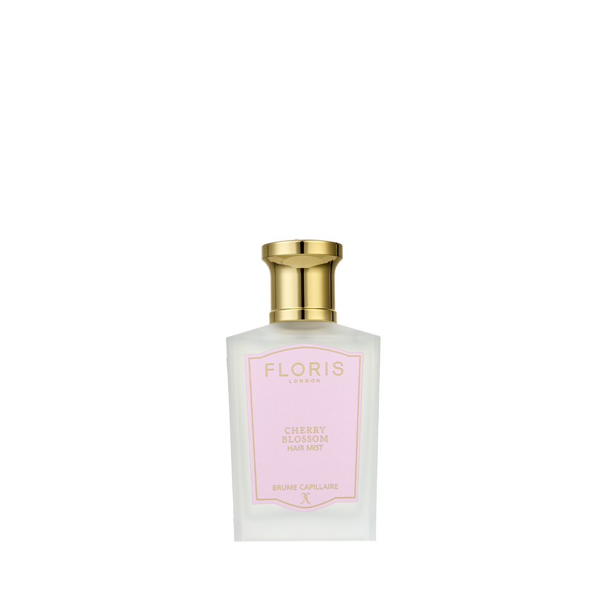 Floris London Cherry Blossom - Hair Mist 50ml in a clear bottle with a gold cap and pink label, shown against a plain white background.