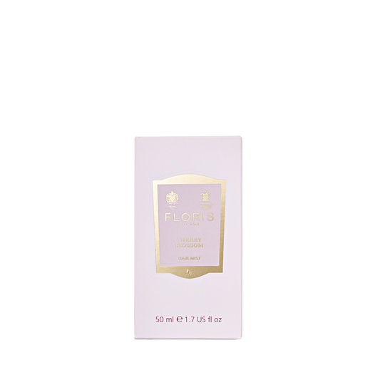 A 50ml Floris London Cherry Blossom Hair Mist box with gold label and text, shown on a plain white background.