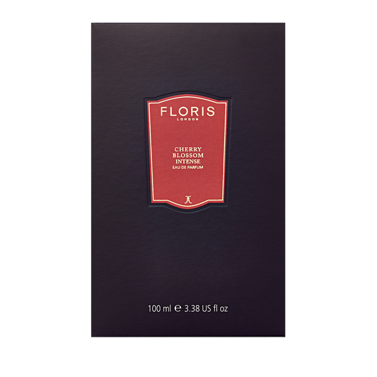 Floris London’s Cherry Blossom Intense Eau de Parfum is a 100ml spring floral fruity fragrance, presented in a box with a red and gold label.