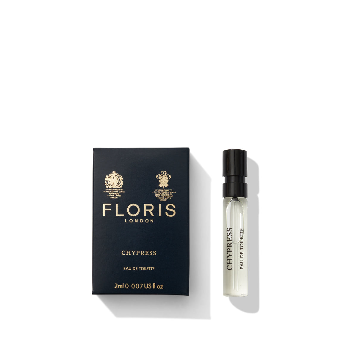 Floris London's Chypress - Eau de Toilette, highlighted by its enveloping musk and floral chypre notes, sits elegantly in a 2ml vial next to a stylish black box on a pristine white background.