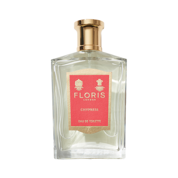 Floris London Chypress Eau de Toilette in a clear glass bottle with gold cap and red label, featuring floral chypre notes and bergamot zest.