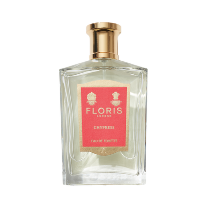 Floris London Chypress Eau de Toilette in a clear glass bottle with gold cap and red label, featuring floral chypre notes and bergamot zest.
