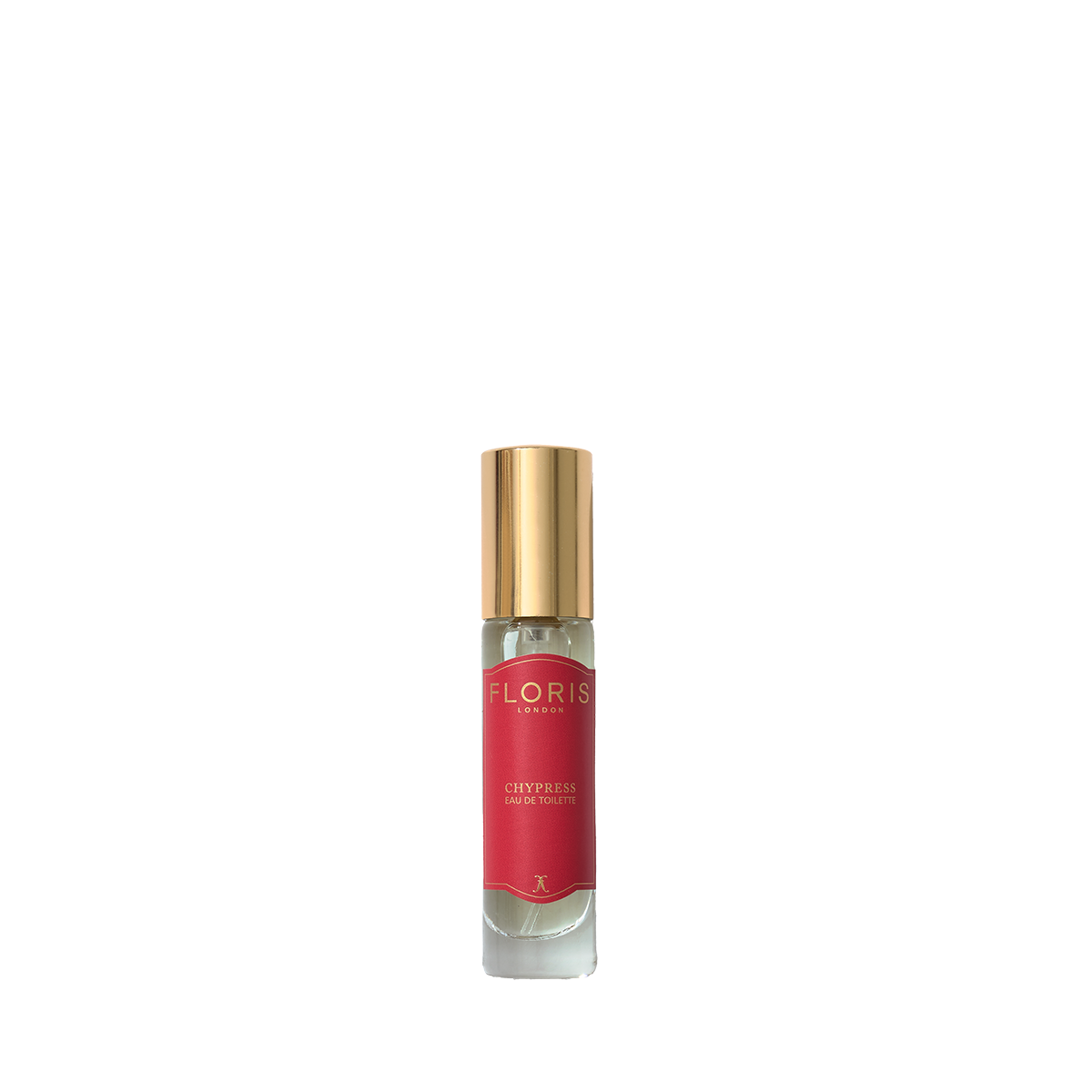 The Chypress - Eau de Toilette by Floris London, with a gold cap and red label, stands on a white background; it exudes an enveloping musk aura.