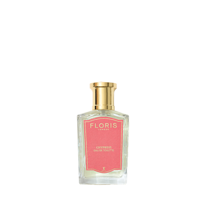 A Floris London Chypress - Eau de Toilette bottle with a gold cap and pink label, featuring floral chypre notes, displayed on a white background.