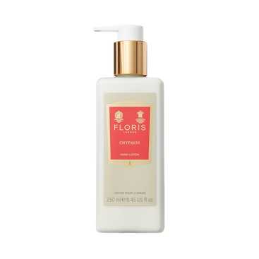 Floris London Chypress - Luxury Hand Lotion, 250ml white bottle with gold pump and red label. Nourishes dry skin with sweet almond oil.