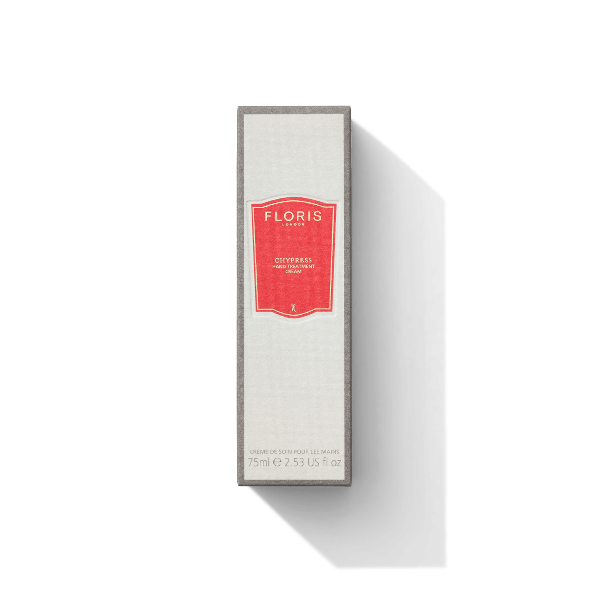 A rectangular bottle of Floris London Chypress Hand Treatment Cream, 100% vegan luxury hand treatment cream, 75ml, with a red label on the front.