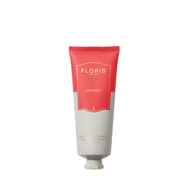 A tube of Floris London Chypress - Hand Treatment Cream 75ml with a red and light gray design sits elegantly on a white background.