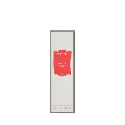 A 75ml rectangular box of Floris London Chypress Hand Treatment Cream, with a red front label for added elegance.