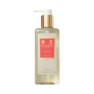 Floris London Chypress - Luxury Hand Wash 250ml in a clear bottle with gold pump and pink label, enriched with coconut and olive.