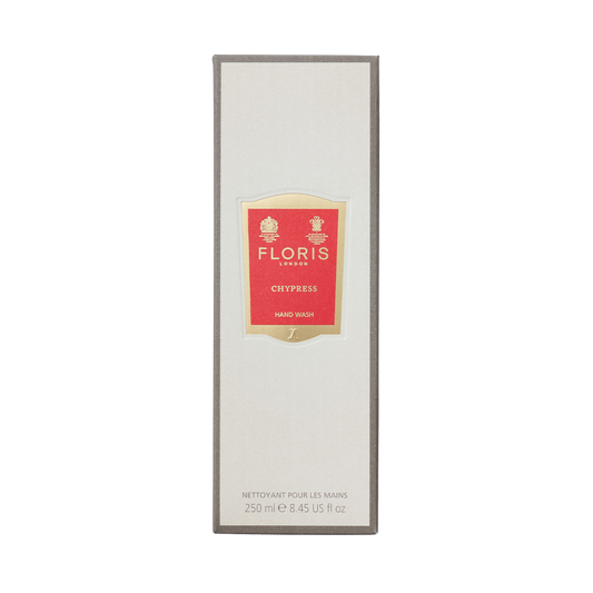 Floris London Chypress - Luxury Hand Wash 250ml, enriched with coconut and olive, comes in a beige box with a red and gold label.