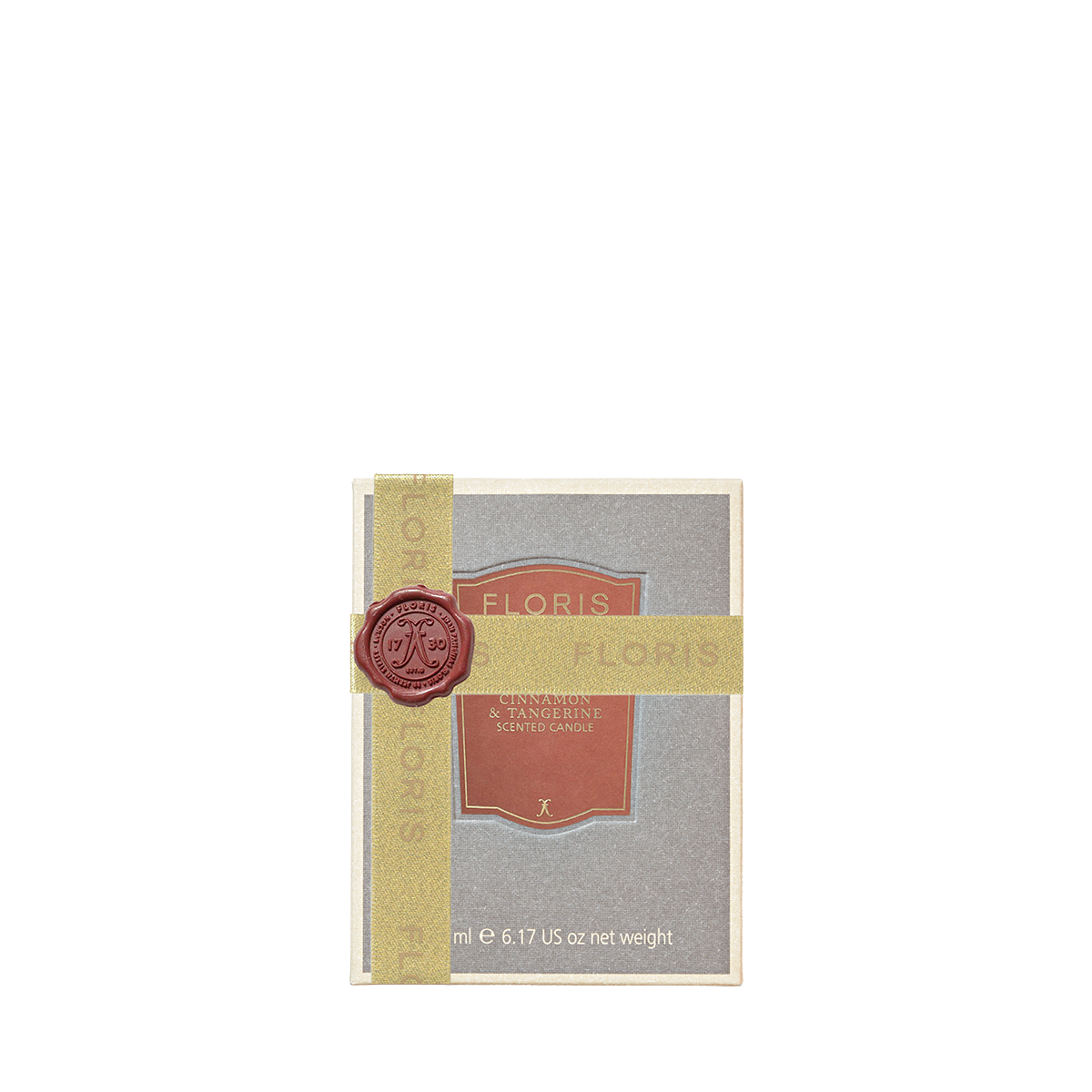 A grey Cinnamon & Tangerine - Scented Candle 175g box, wrapped in a gold ribbon with a wax seal.