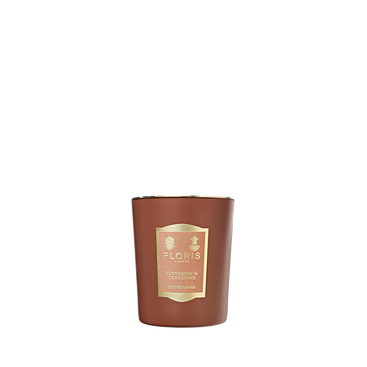 A brown Floris London Cinnamon & Tangerine Scented Candle 175g with a gold label, hand poured and crafted with pure fragrance oils, on white.