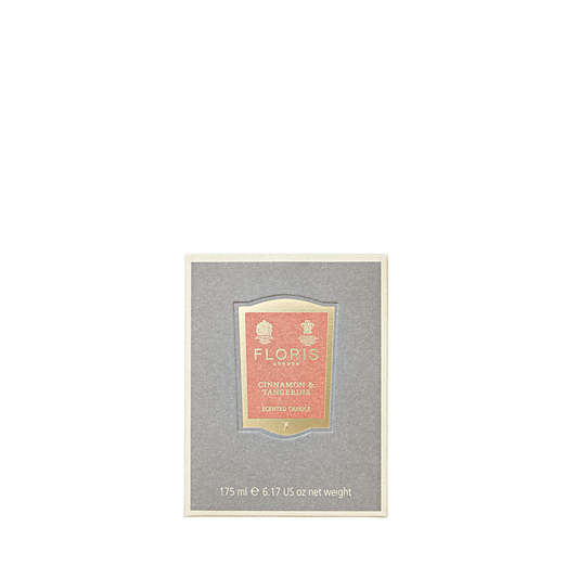 The Floris London Cinnamon & Tangerine Scented Candle 175g is hand poured with pure fragrance oils, presented in a stylish grey and gold box.