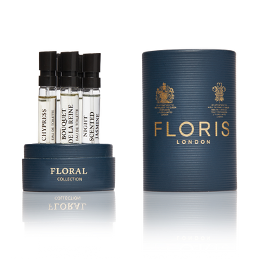 Floral Discovery Collection by Floris London: an elegant set of floral scents in three small vials, housed in a sleek blue cylindrical container.