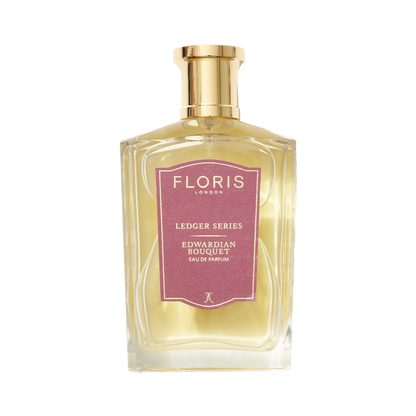 Edwardian Bouquet by Floris London UK: Clear glass bottle with pink label, gold cap, and bergamot notes.