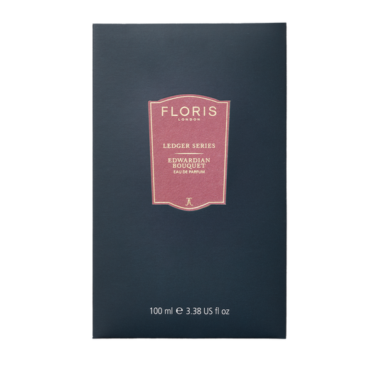 Dark blue Floris London box labeled "Edwardian Bouquet, 100ml"—a timeless floral eau de parfum with subtle bergamot notes.