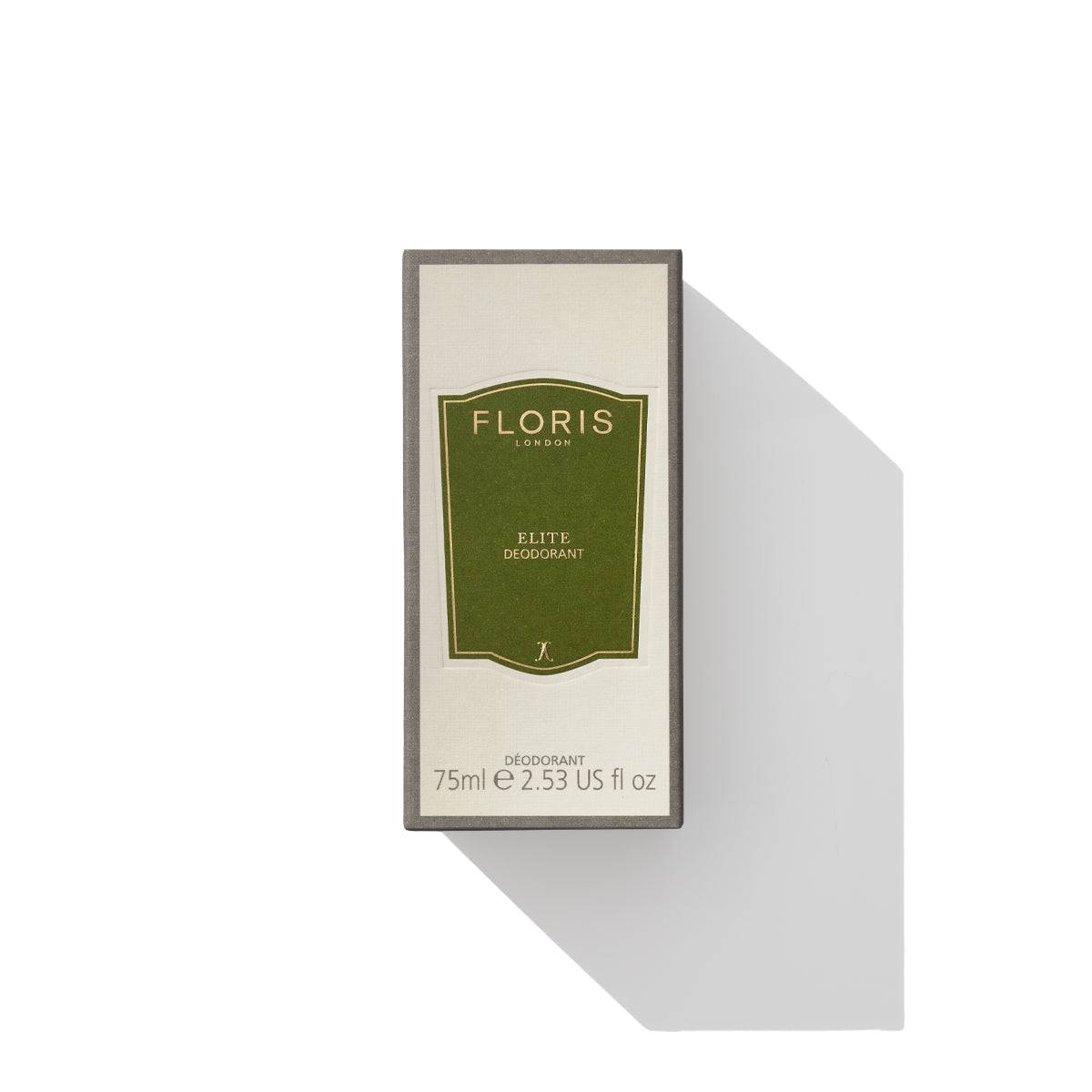 Floris London Elite - Deodorant Stick, 75ml, in a green and beige box with shadow on a white background. Perfect for sensitive skin and enriched with vitamin E.