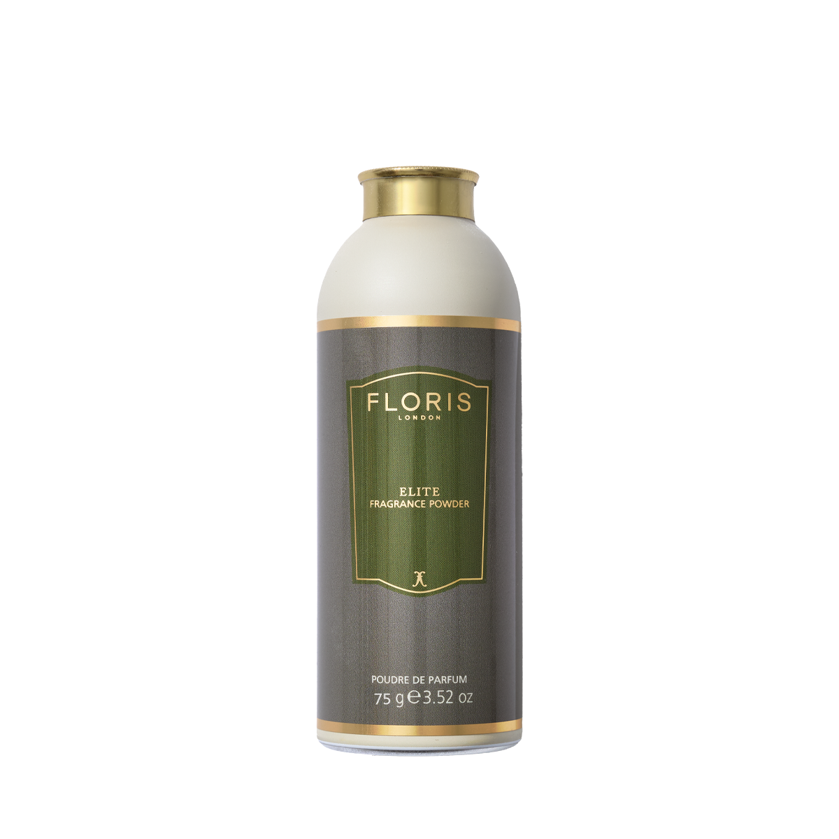 A 75g bottle of Floris London Elite - Fragrance Powder with soothing aloe vera, gold cap, and green label to soothe and protect your skin.