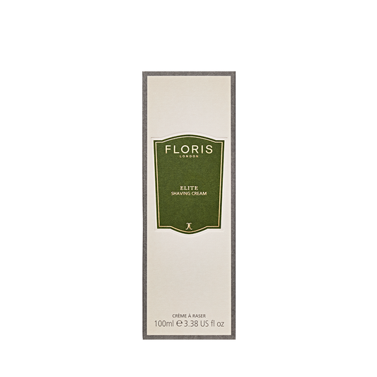 Floris London UK Elite Conditioning Shaving Cream, 100ml, in a box with a green label on a light background.