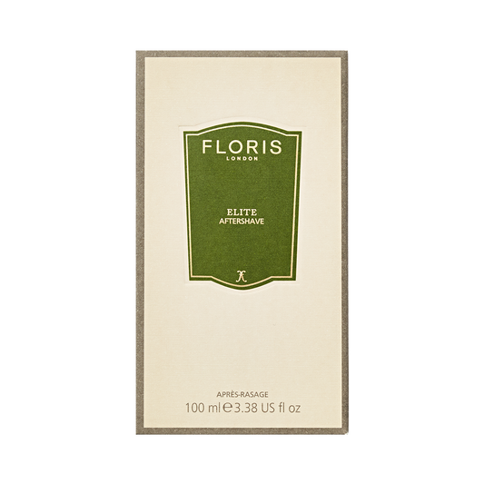 Floris London Elite - Aftershave 100ml comes in a beige box with a green label, offering a refined fragrance and soothing witch-hazel.