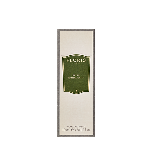 Floris London Elite Aftershave Balm 100ml features a green and cream label and is enriched with soothing borage oil for an elegant finish.
