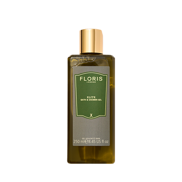 A 250ml bottle of Floris London Elite Moisturising Bath & Shower Gel with a gold cap, featuring woody notes for a refined bathing experience.