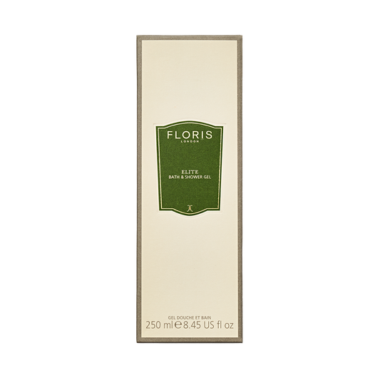 A 250 ml bottle of Floris London Elite - Moisturising Bath & Shower Gel features woody notes and comes with a green label on a cream background.