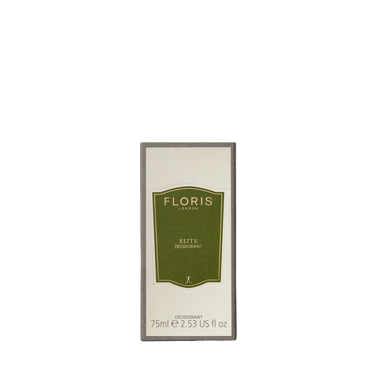A 75ml Floris London Elite Deodorant Stick, alcohol-free and ideal for sensitive skin, featuring a green and cream label.