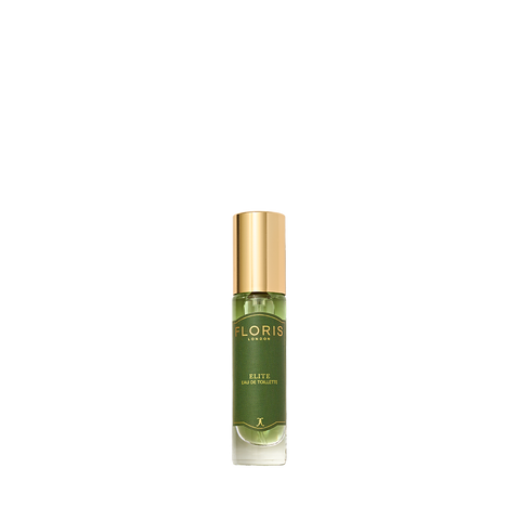A green Floris London Elite - Eau de Toilette bottle with a gold cap is centered on white, reflecting its woody patchouli and vetiver scent.