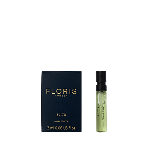 Floris London Elite - Eau de Toilette 2ml sample comes in a dark blue box, offering a timeless woody scent with subtle citrus notes.